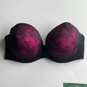 Voglio strapless and convertible bra, fuscia and black lace, next to new